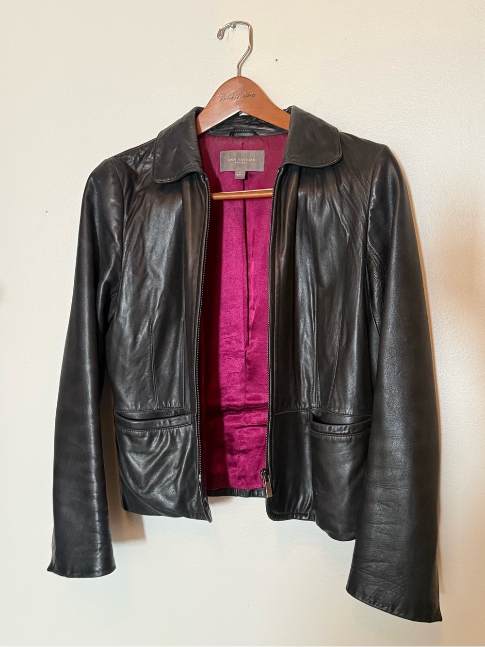 Ann Taylor Black Leather Jacket with Magenta Lining